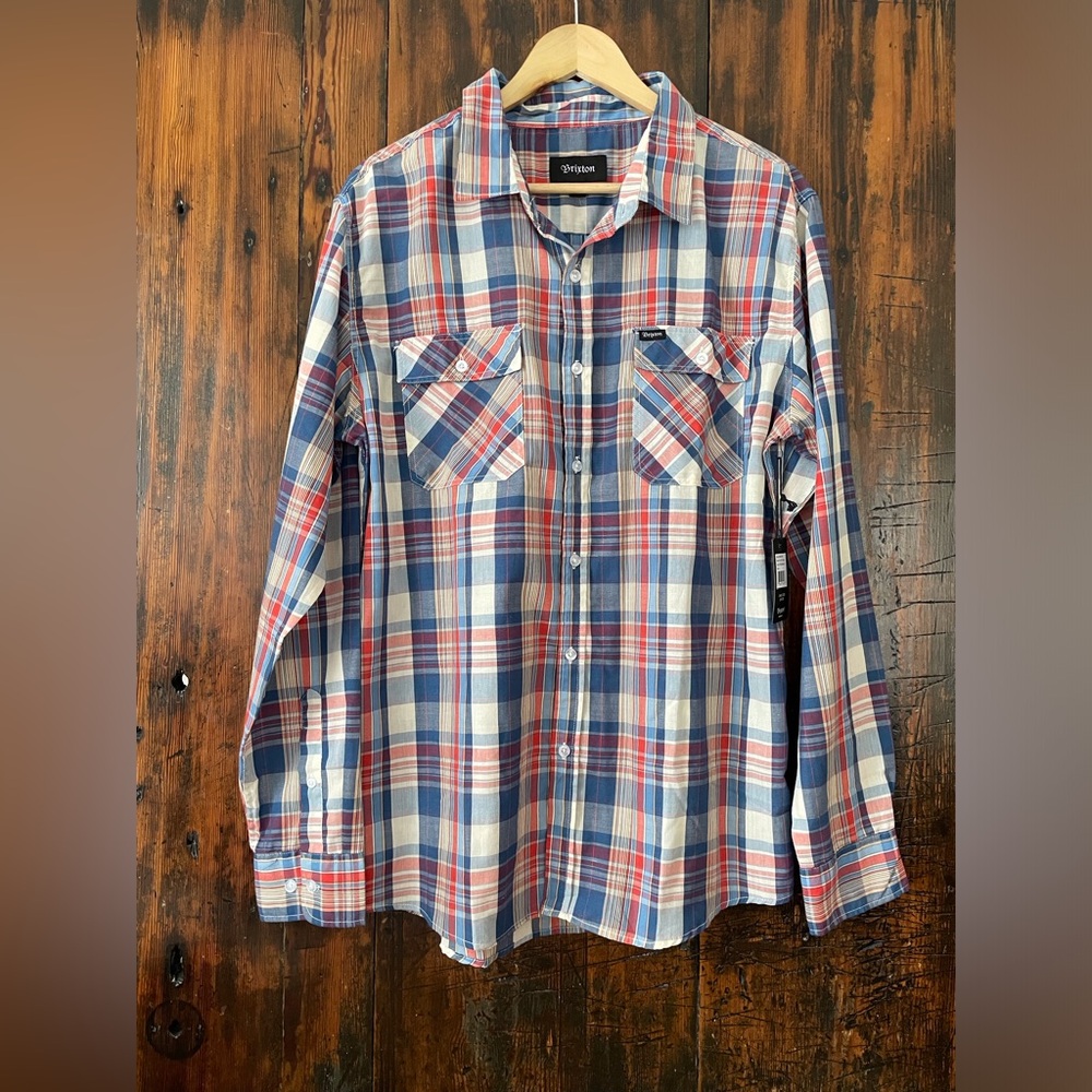 NWT - BRIXTON Memphis Light Weight Long Sleeve Button Down Plaid Shirt Mens L
